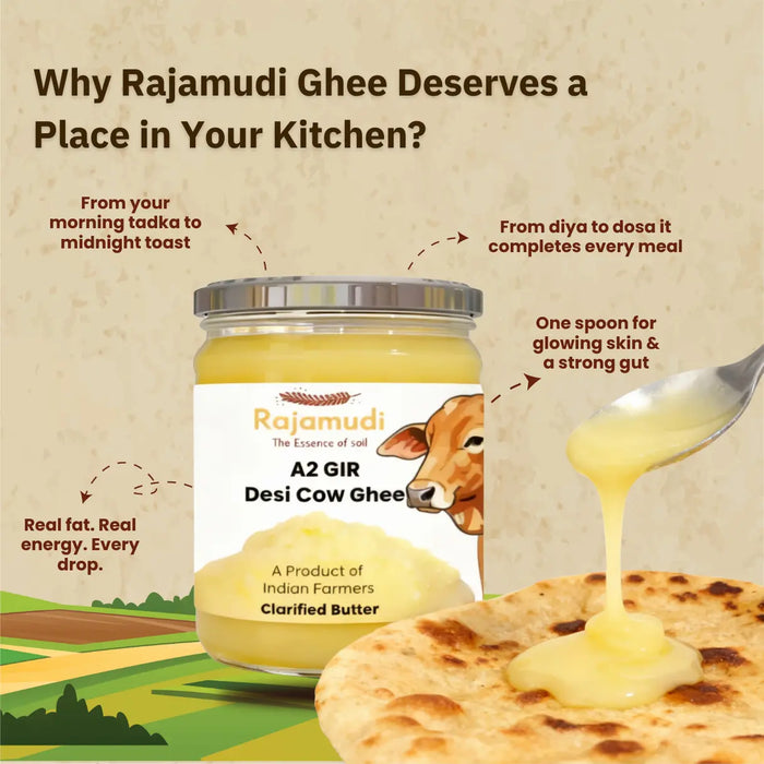 Rajamudi A2 Gir Cow Ghee 500ml | Pure Desi Ghee Made Using Traditional Bilona Method | Rich in Nutrition & Natural Goodness | Made from our Local Chittor Farm's Gir Cows