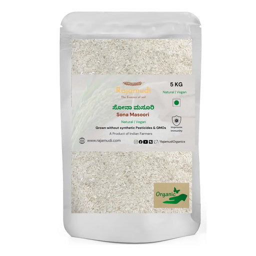 A package of Rajamudi Organics Organic Sona Masoori Rice featuring an illustration of rice fields and mountains in the background.